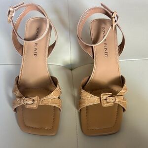 Donald J. Pliner Beige Croc-Embossed Leather Ankle-Strap Sandals